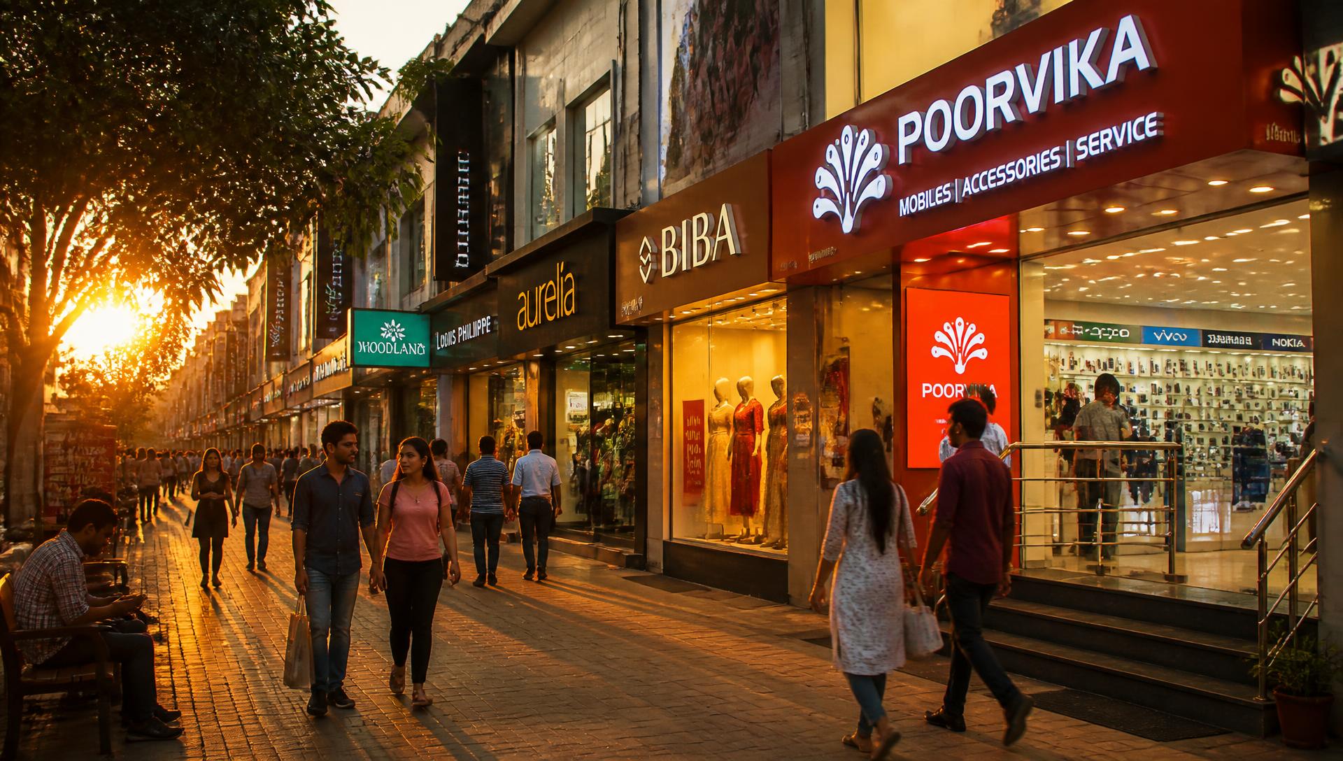 Vibrant Indian local shopping street with lit-up storefronts
